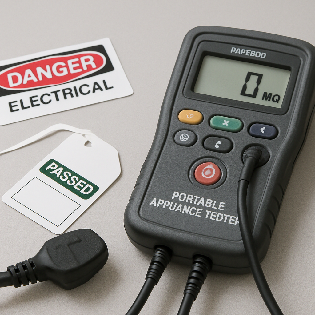 A PAT tester connected to a power lead being tested for electrical safety compliance