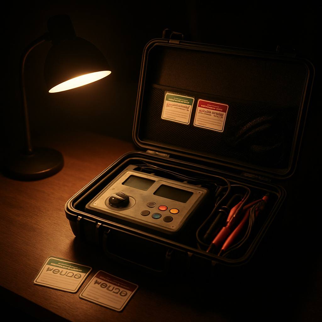 Professional PAT testing kit open in a carry case illuminated by a desk lamp at night