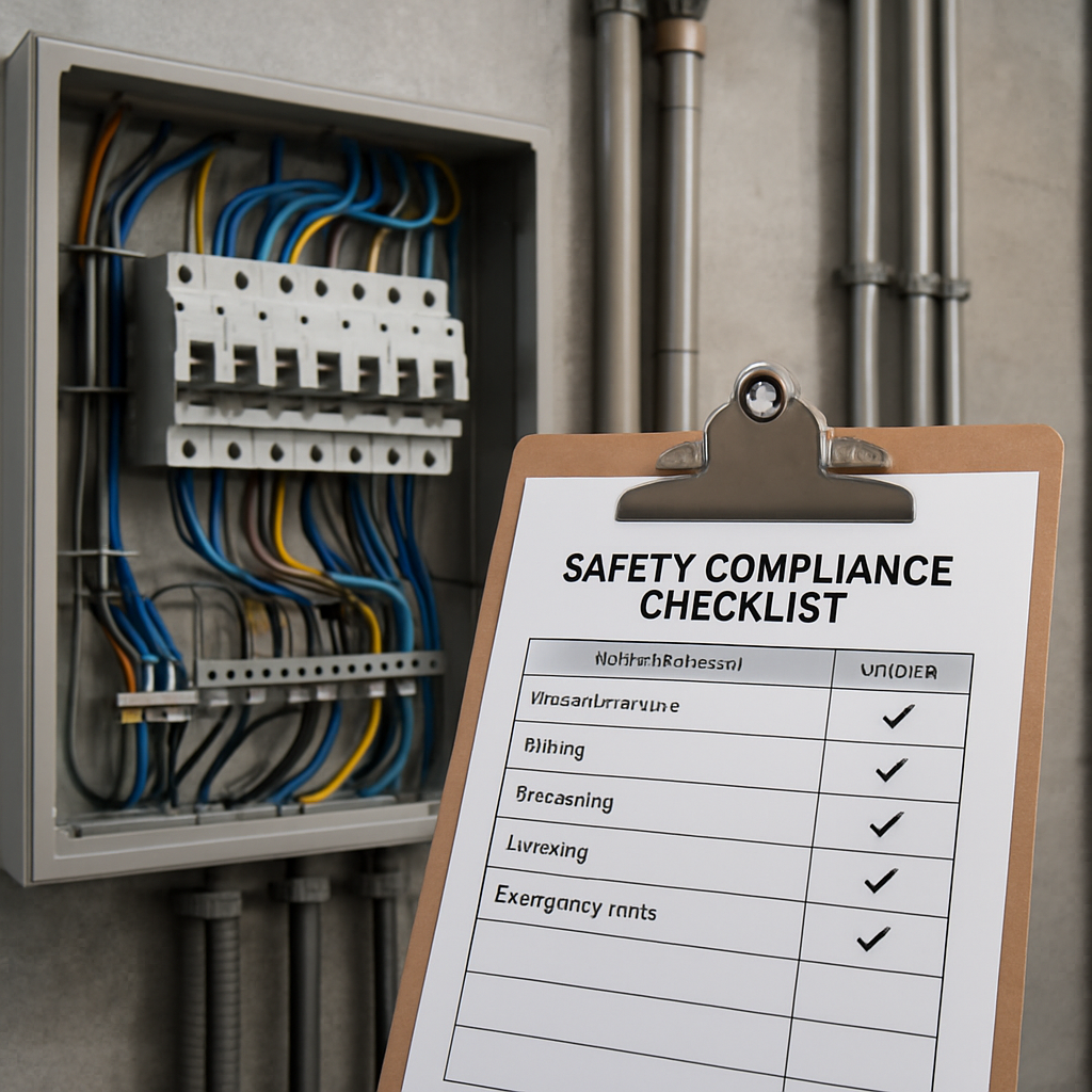 Electrical switchboard being inspected with a compliance checklist clipboard on a workbench