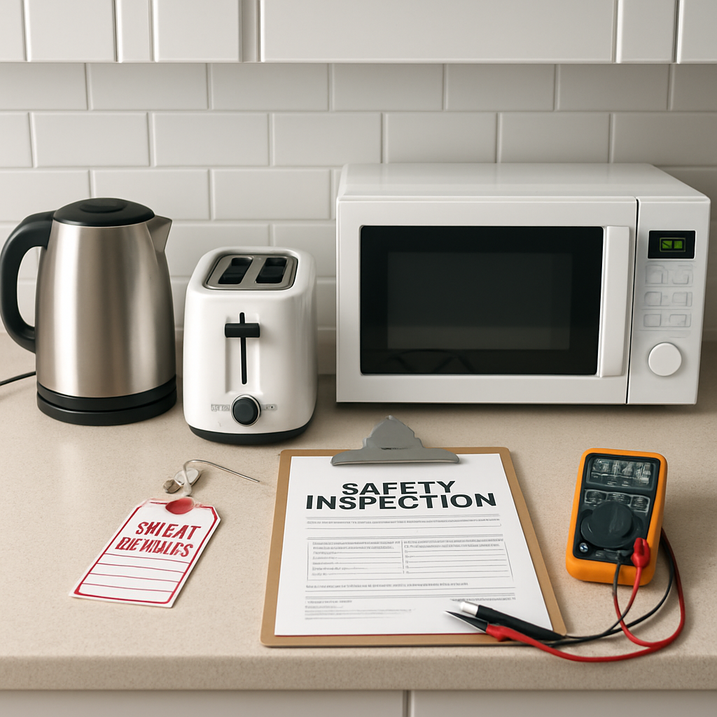 Household kitchen appliances on a countertop next to a safety inspection tag and test clipboard