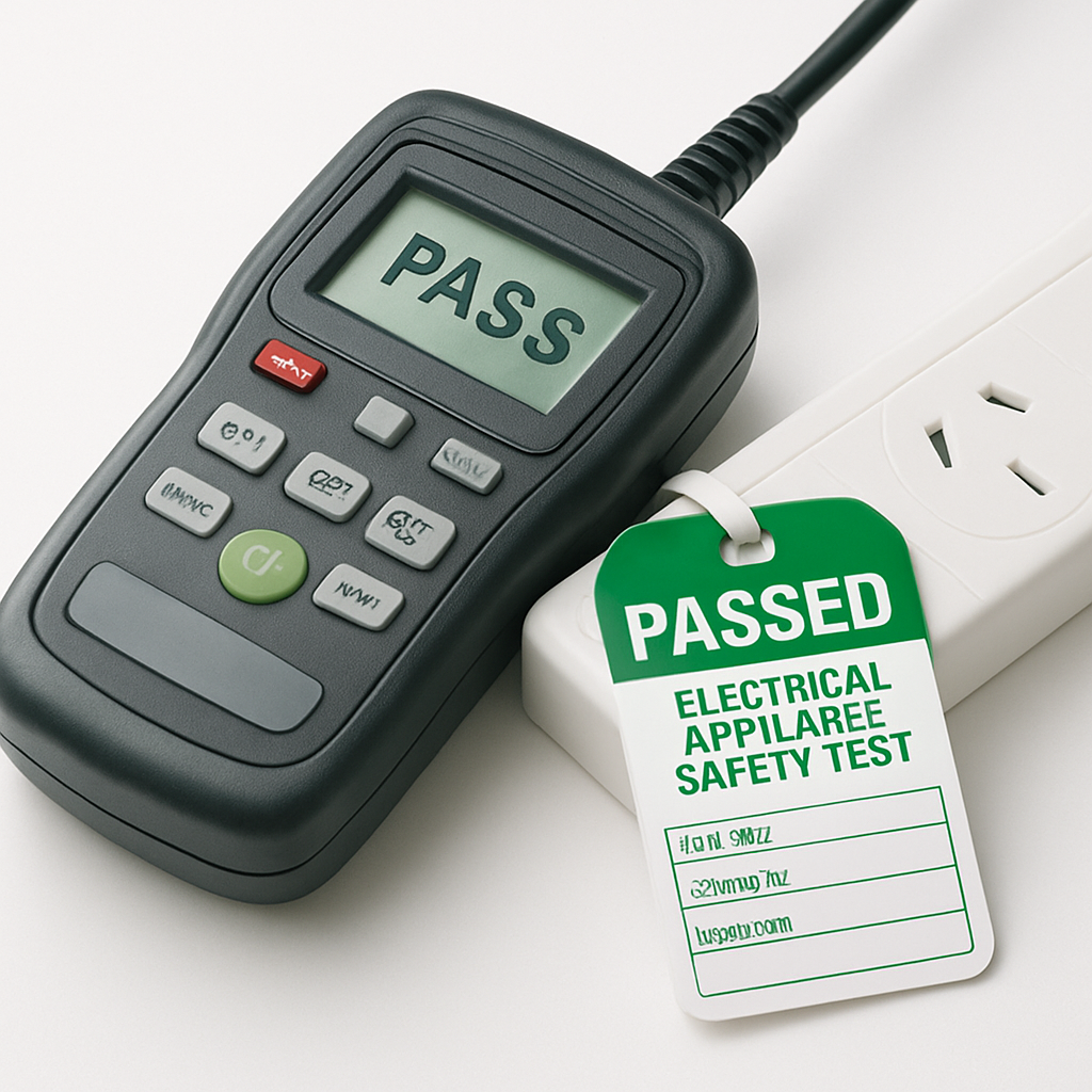 PAT tester with a compliant pass tag attached to a power board ready for testing